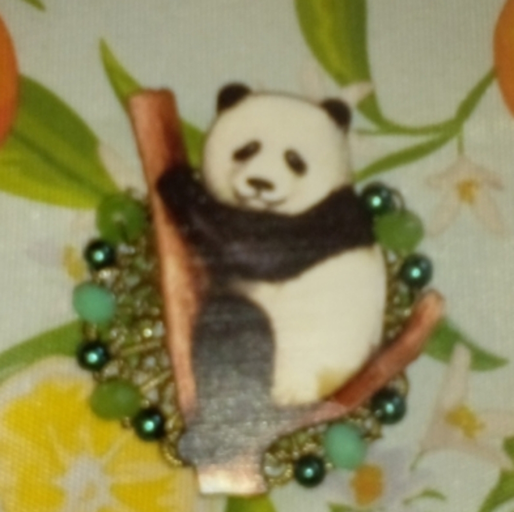Wooden Panda Brooch with Beaded Accents